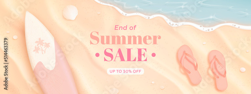 Summer sale horizontal banner design template with realistic summer elements on a beach background. Vector illustration