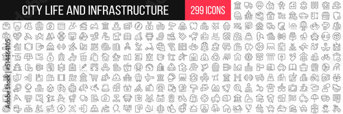 City life and infrastructure linear icons collection. Big set of 299 thin line icons in black. Vector illustration