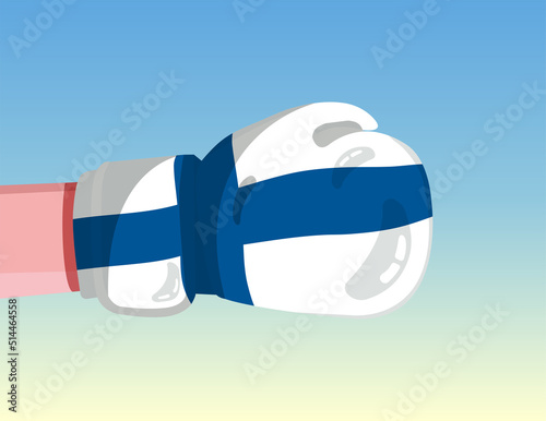 Flag of Finland on boxing glove. Confrontation between countries with competitive power. Offensive attitude. Separation of power. Template ready design.