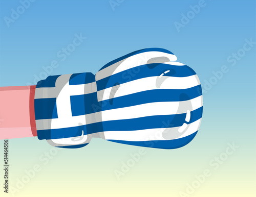 Flag of Greece on boxing glove. Confrontation between countries with competitive power. Offensive attitude. Separation of power. Template ready design.