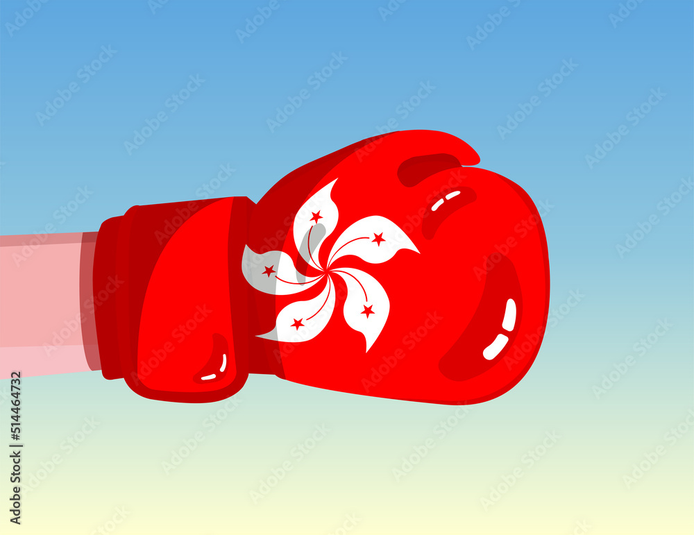 Flag of Hong Kong on boxing glove. Confrontation between countries with