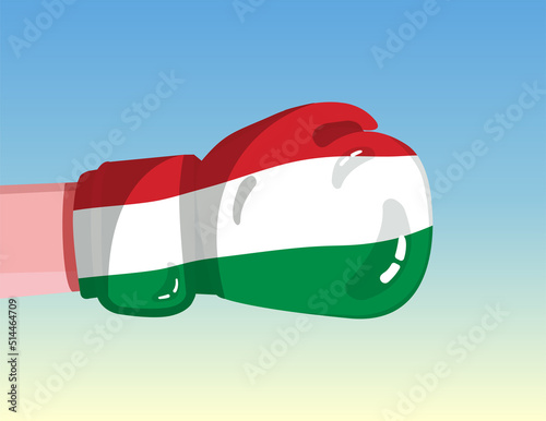 Flag of Hungary on boxing glove. Confrontation between countries with competitive power. Offensive attitude. Separation of power. Template ready design.