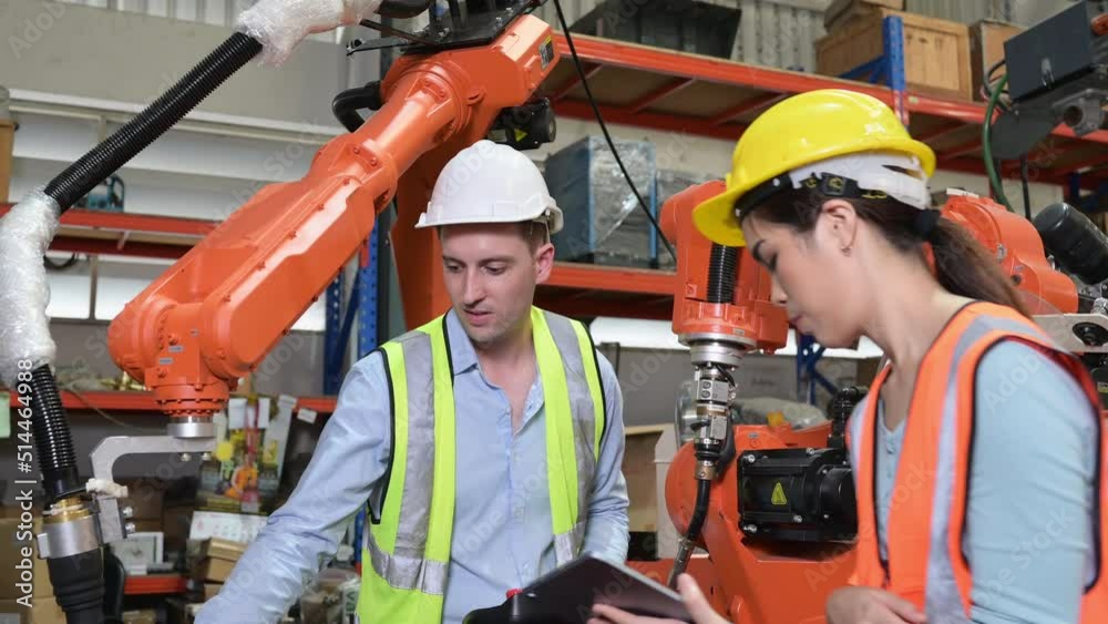 Male and Female engineers Inspecting the welding robot recently installed to achieve complete, accurate, fast and highly secure work.
