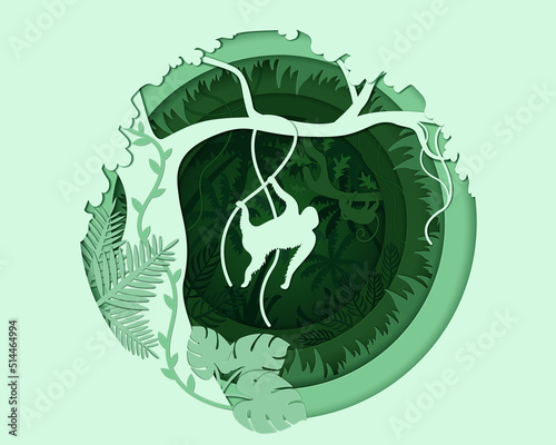 Tropical forest with monkey silhouettes in paper cut style. Wildlife concept. Jungle scene with palm trees, creepers, tropical leaves and primates. Vector illustration.