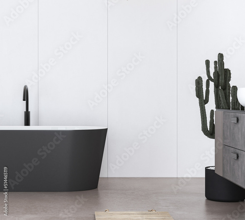 Close up of modern black-white bathtub with modern black tap and beige wall in the background. 3d rendering 