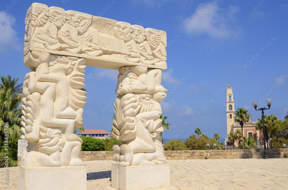Sculpture "Gate of faith" in Abrasha park. Replica of ancient Egyptian Ramses II gate in Old Jaffa, Israel. - obrazy, fototapety, plakaty 