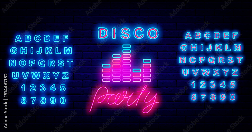 Disco party neon signboard. Shiny blue alphabet. Music equalizer. Sound waves. Vector stock illustration Disco party neon signboard. Shiny blue alphabet. Music equalizer. Sound waves. Vector stock illustration