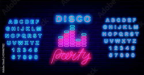 Disco party neon signboard. Shiny blue alphabet. Music equalizer. Sound waves. Vector stock illustration