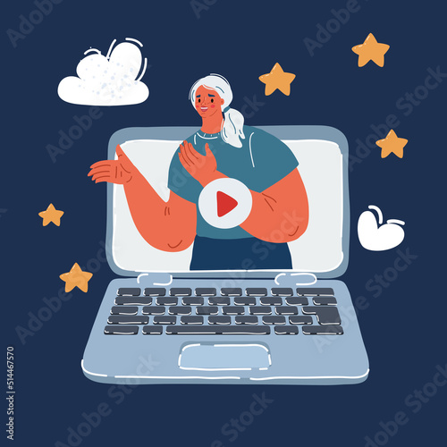 Cartoon vector illustration of woman in video on laptop screen.