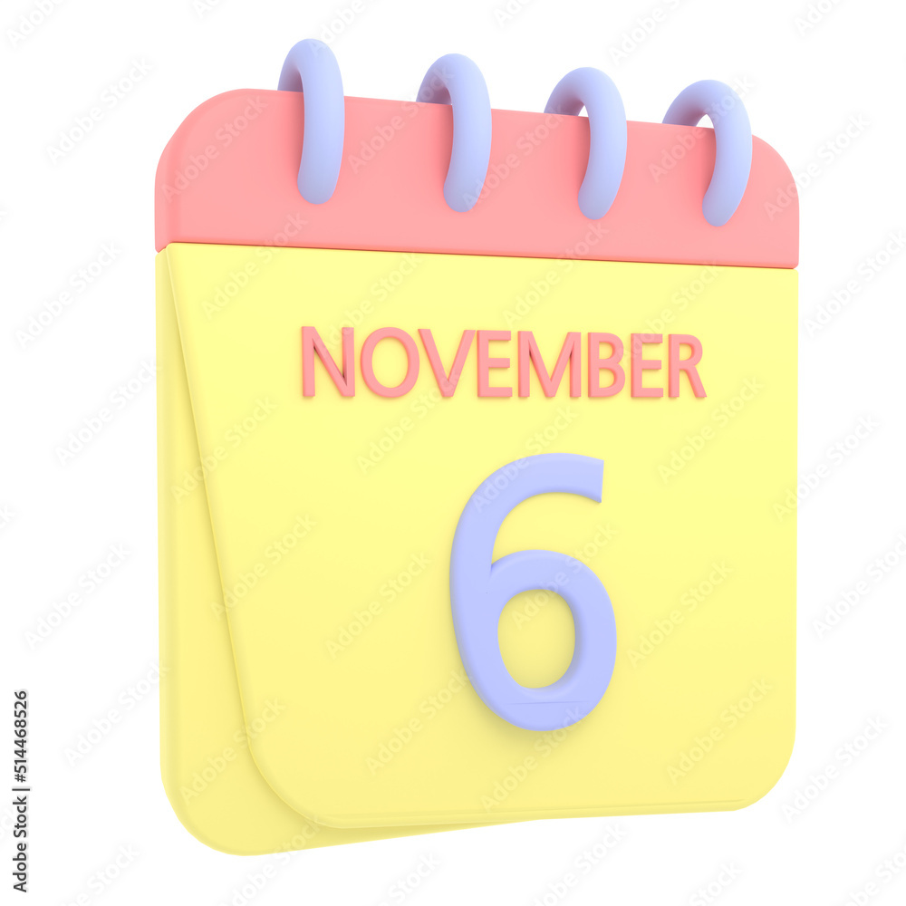 6th November 3D calendar icon. Web style. High resolution image. White background 6th November 3D calendar icon. Web style. High resolution image. White background