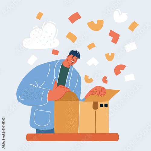 Vector illustration of Happy man unpacking delivery box