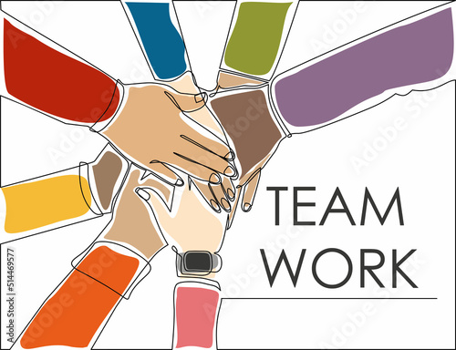 Continuous one line drawing of  partners with stack of hands showing unity and teamwork, top view. Can used for logo, emblem, slide show and banner. Illustration with quote template. 