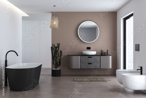 Corner of modern bathroom with white and beige walls, concrete floor, comfortable bathtub, toilet, bidet  and beautiful sink with round mirror. 3d rendering
 photo