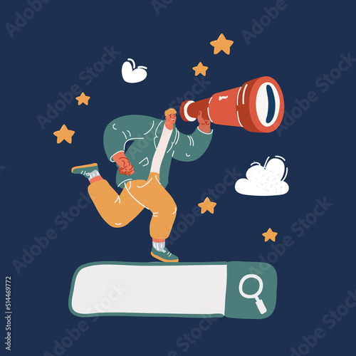 Cartoon vector illustration of man make Searching with spyglass and run on searching bar