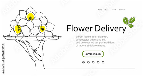 Continuous line vector illustration of hand holding dish with flowers on white background, flower delivery concept. Stroke Line, Icon or Emblem trendy linear style.