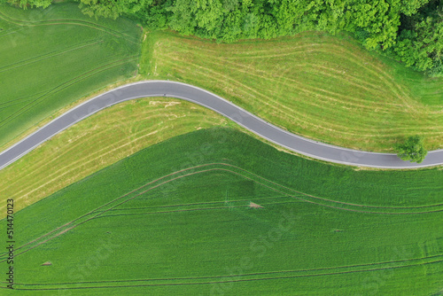 Drone photo of the bright green wheat field separated by the road.