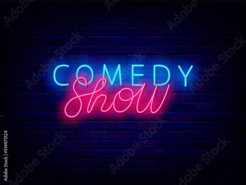 Comedy show neon lettering text. Stand up performance. Comic performance. Pink text. Light sign. Vector illustration