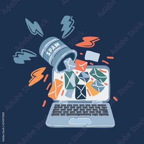 Cartoon vector illustration of Spam email concept. Spam message on laptop screen. Warning and alert spam notification. Envelope with spam. Spamming mailbox over dark background