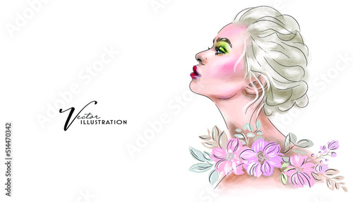 Abstract girl model face makeup drawing sketch. Beautiful young woman fashion portrait illustration.