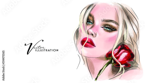 Abstract girl model face makeup drawing sketch. Beautiful young woman fashion portrait illustration.