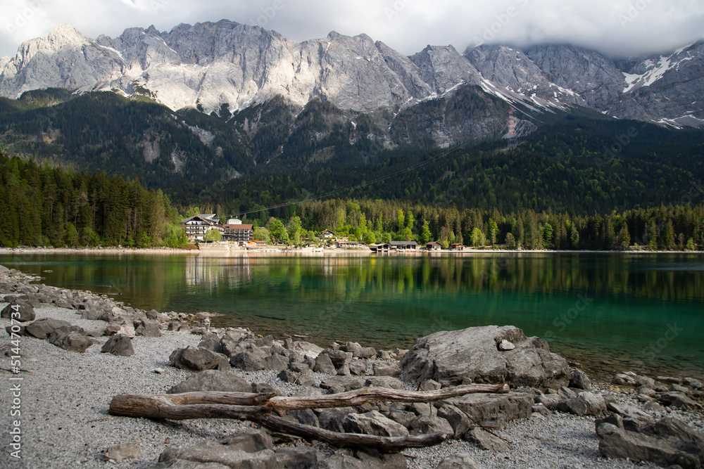 View on the beautiful zugspitze mountain and the eibsee in bavaria, germany