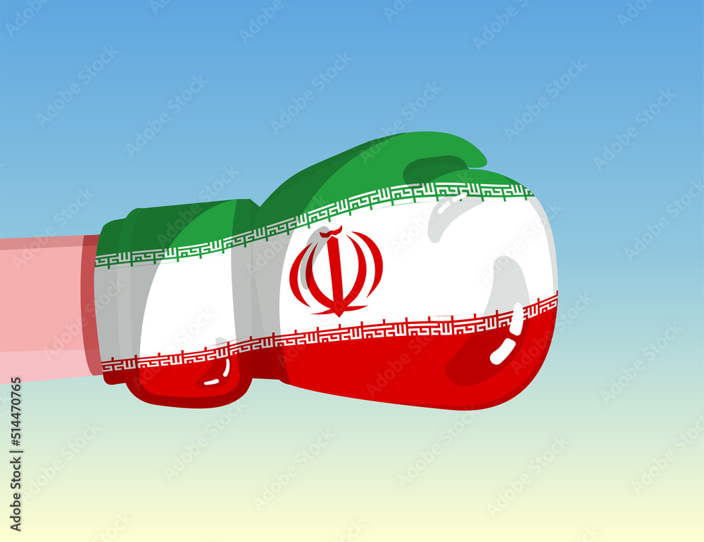 Flag of Iran on boxing glove. Confrontation between countries with competitive power. Offensive attitude. Separation of power. Template ready design.