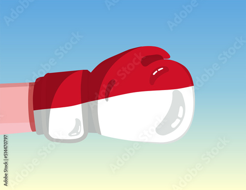 Flag of Indonesia on boxing glove. Confrontation between countries with competitive power. Offensive attitude. Separation of power. Template ready design.