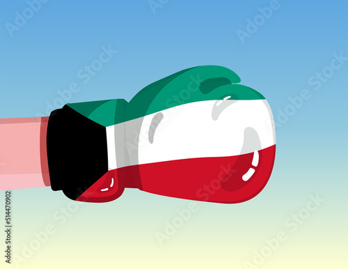 Flag of Kuwait on boxing glove. Confrontation between countries with competitive power. Offensive attitude. Separation of power. Template ready design.
