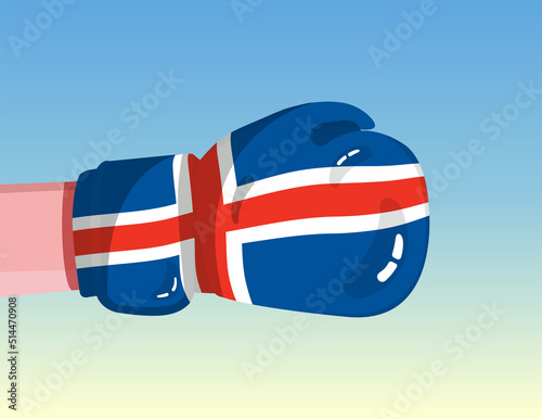 Flag of Iceland on boxing glove. Confrontation between countries with competitive power. Offensive attitude. Separation of power. Template ready design.
