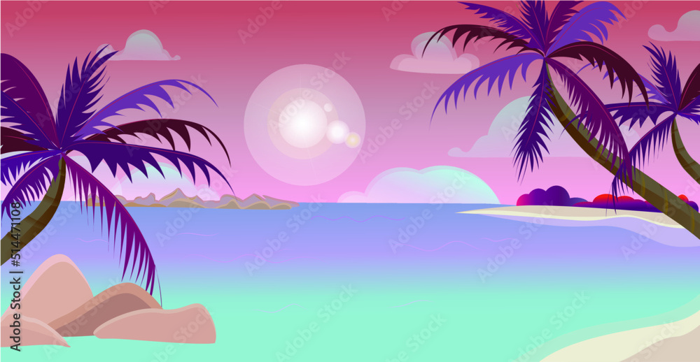 Background of landscape, panorama of sea and beach, sunset. Summer time vector illustration