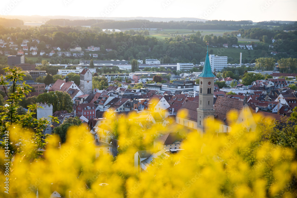 Ravensburg, Germany: Aerial cityscape during spring sunset