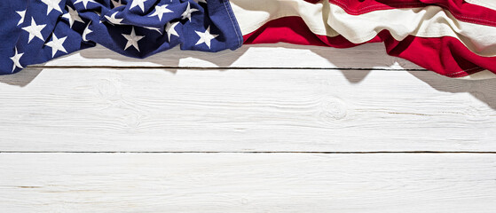 American flag on white wood. July 4th, US Independence Day creative photo
