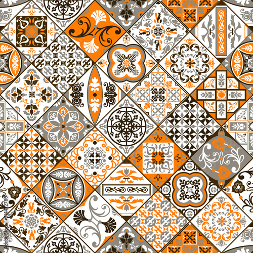 Traditional ornate Portuguese decorative colored azulejos tiles. Abstract background. Vector drawing illustration, typical Portuguese tiles, ceramic tiles. Seamless background.