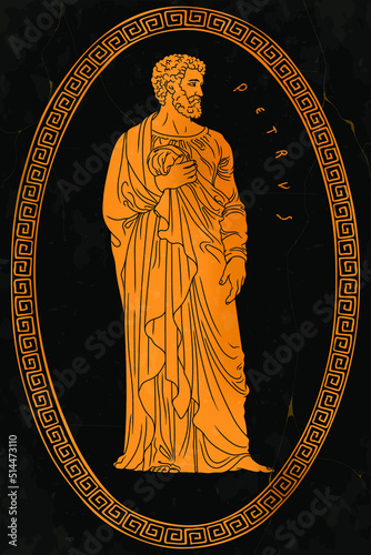 The ancient Greek old man with a beard in a cape stands barefoot. Drawing on a vase.