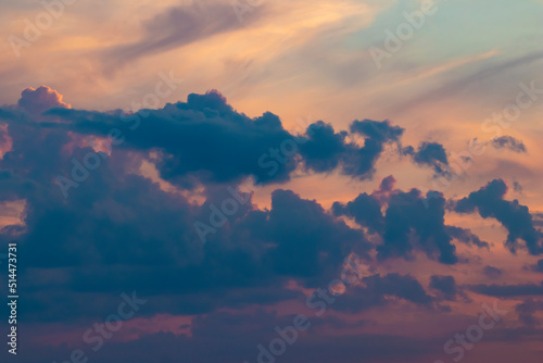 Colorful high contrast clouds during evening sunset with copy space