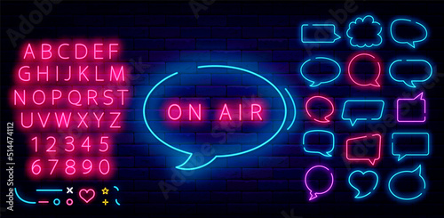 On air neon sign in speech bubble. Audio podcast concept. Label for radio, talk show. Vector stock illustration