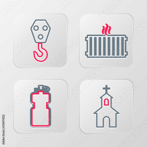 Set line Church building  Sport bottle with water  Heating radiator and Industrial hook icon. Vector
