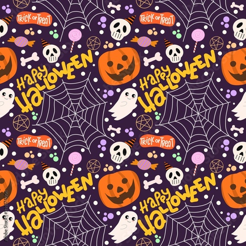 Halloween seamless pattern - creepy pumpkin lanterns with scary faces  traditional holiday halloween symbols  seamless texture