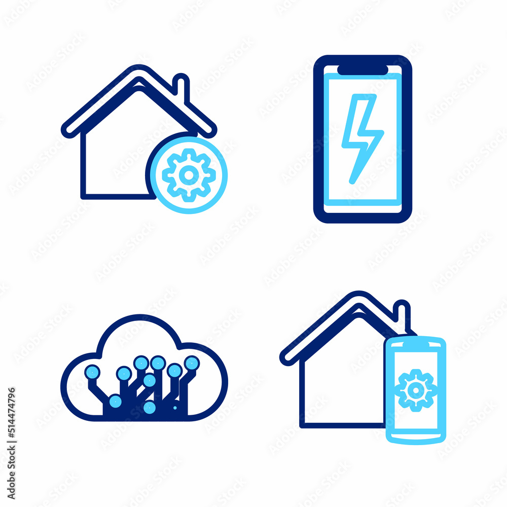 Set line Smart home remote control system, Internet of things, Mobile charging battery and settings icon. Vector Set line Smart home remote control system, Internet of things, Mobile charging battery and settings icon. Vector
