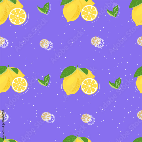 Tropical seamless pattern with yellow lemons. Fruit repeated background. Vector bright print for fabric or wallpaper. Hand drawing illustration in pastel colours. Perfect design