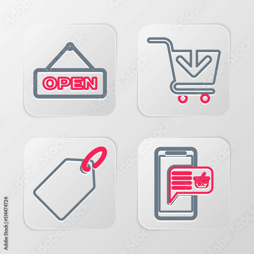 Set line Mobile and shopping basket, Label template price tag, Add to Shopping cart and Hanging sign with Open door icon. Vector