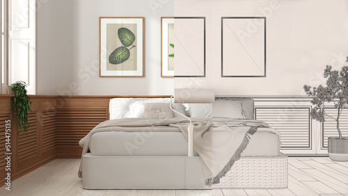 Paint roller painting interior design blueprint sketch background while the space becomes real showing modern bedroom. Before and after concept, architect designer creative work flow © ArchiVIZ