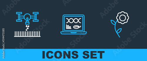Set line Flower, Smart farm with drone and Genetic engineering modification icon. Vector