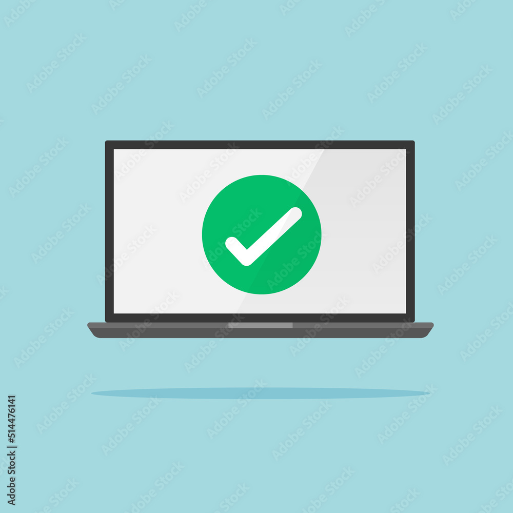 Check mark on laptop screen isolated. Accept or approve checkmark concept. Online test results. Vector stock Check mark on laptop screen isolated. Accept or approve checkmark concept. Online test results. Vector stock