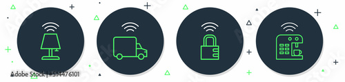 Set line Smart truck, safe combination lock, table lamp and coffee machine icon. Vector