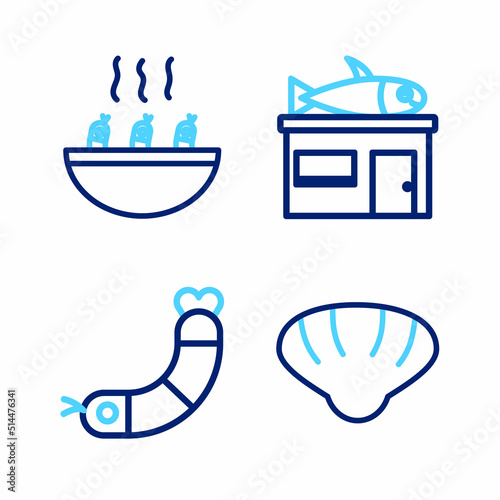 Set line Scallop sea shell, Shrimp, Seafood store and Soup with shrimps icon. Vector