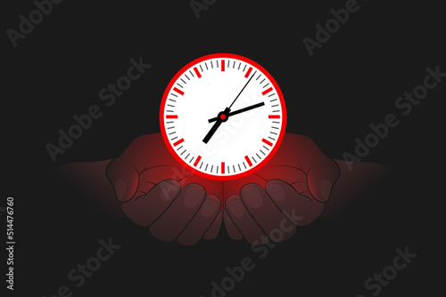 Clock on open palms in the dark