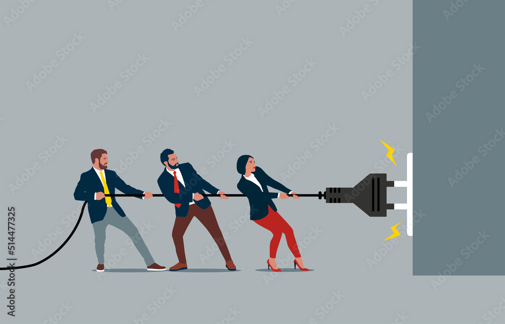 Groups of people pulling for the electricity cord, in tug of war play. Struggling team competing with each other. Vector illustration for game, contest, competition, confrontation. - obrazy, fototapety, plakaty 