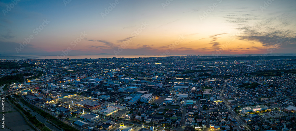 Panoramic aerial view of sprawling city after sunset