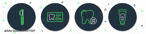 Set line Dental card, Tooth with caries, floss and Tube of toothpaste icon. Vector